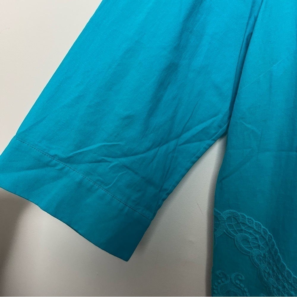 Chico's Turquoise Scalloped Embroidery Lace Cotton Tunic Top Classic Chic NEW - Picture 5 of 14